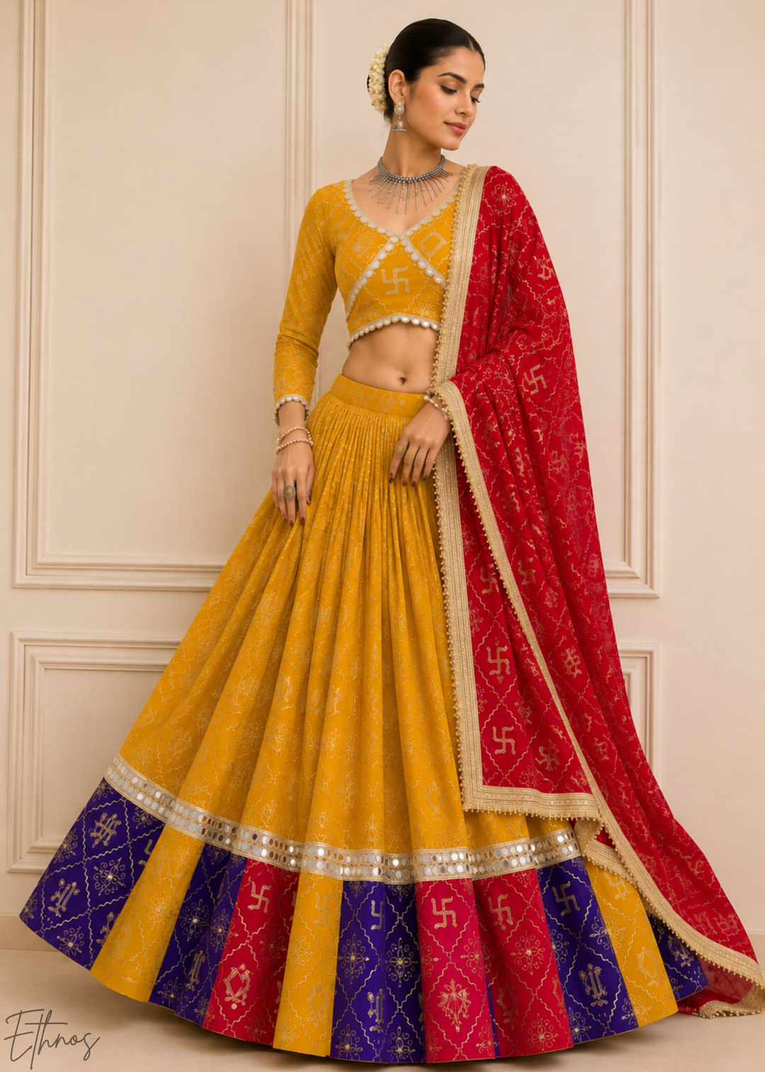 Mustard Yellow Traditional Paneled Border Georgette Lehenga Choli