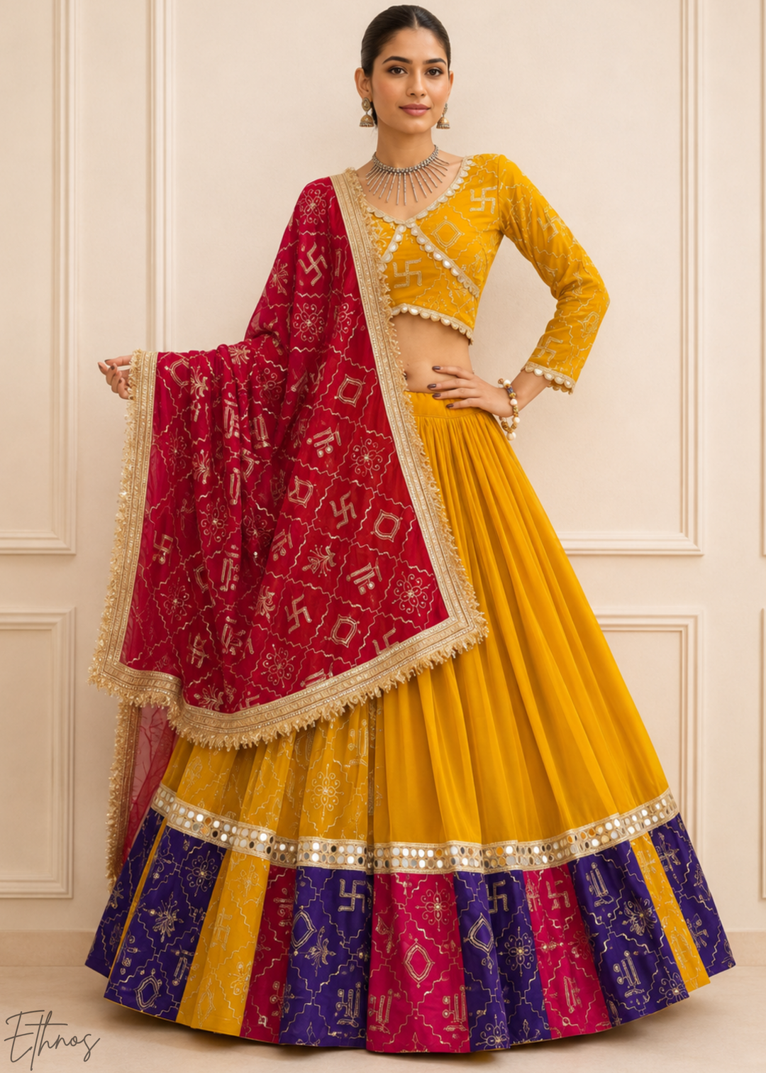 Mustard Yellow Traditional Paneled Border Georgette Lehenga Choli