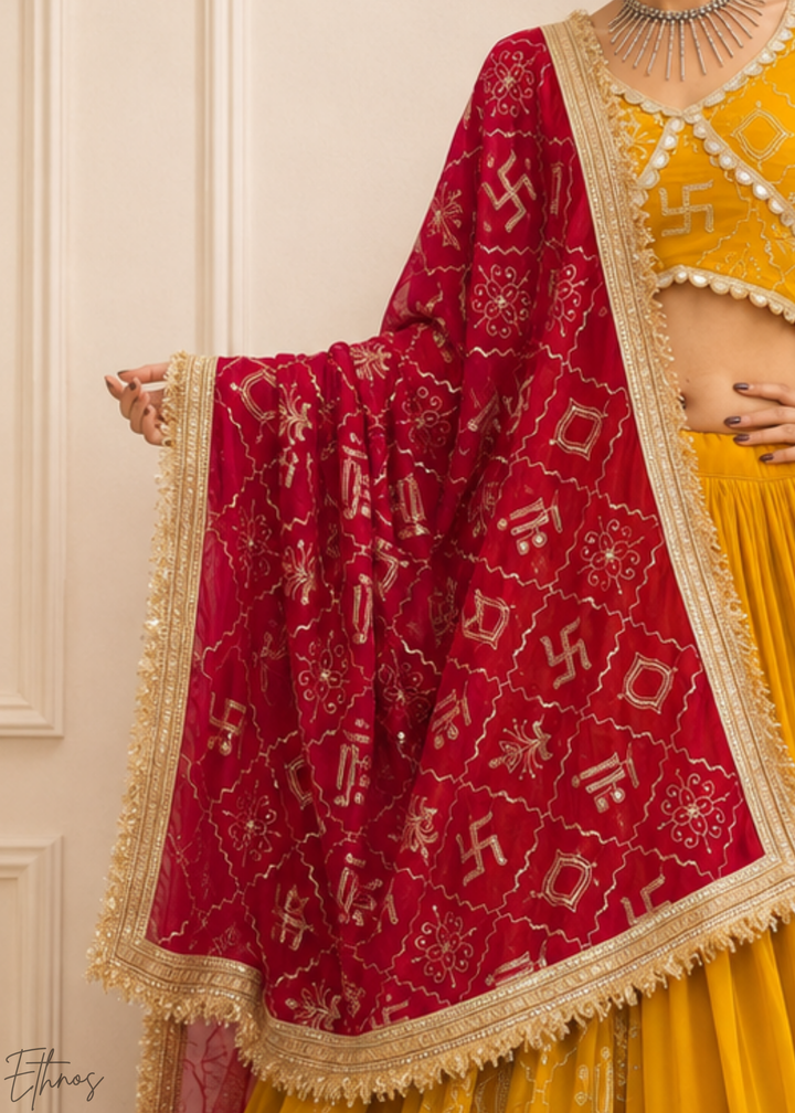 Mustard Yellow Traditional Paneled Border Georgette Lehenga Choli