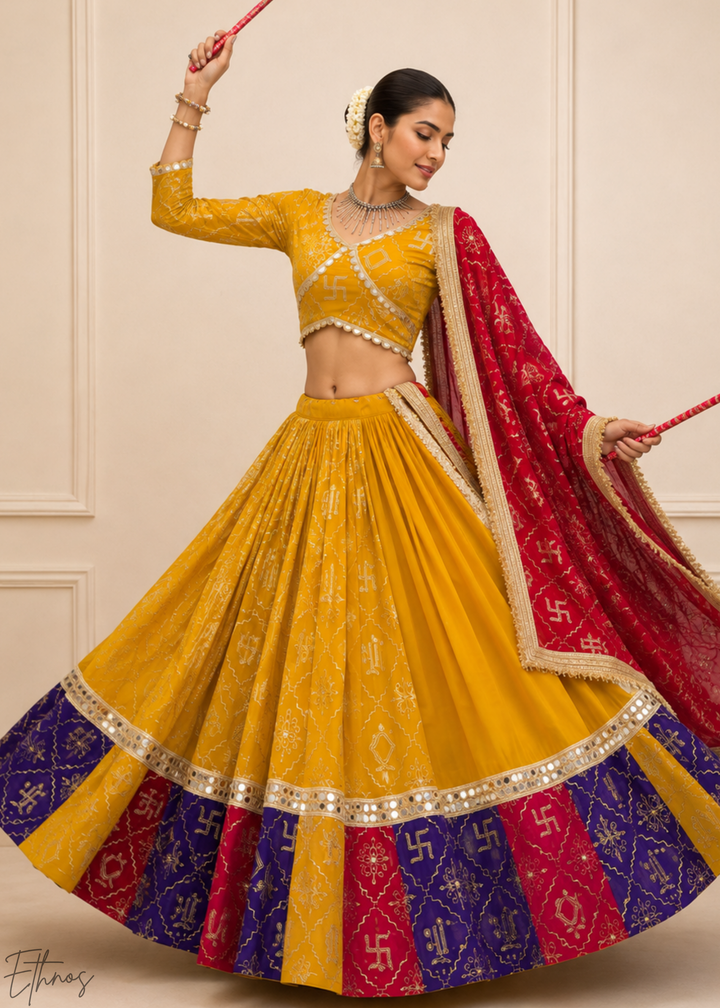 Mustard Yellow Traditional Paneled Border Georgette Lehenga Choli