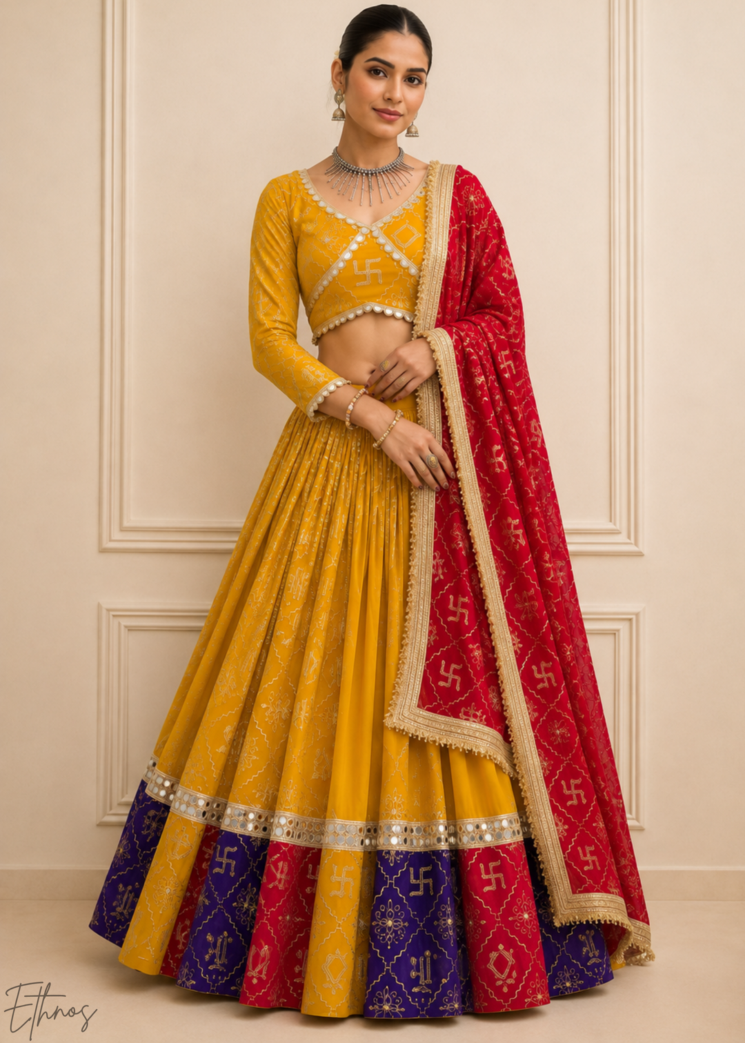 Mustard Yellow Traditional Paneled Border Georgette Lehenga Choli