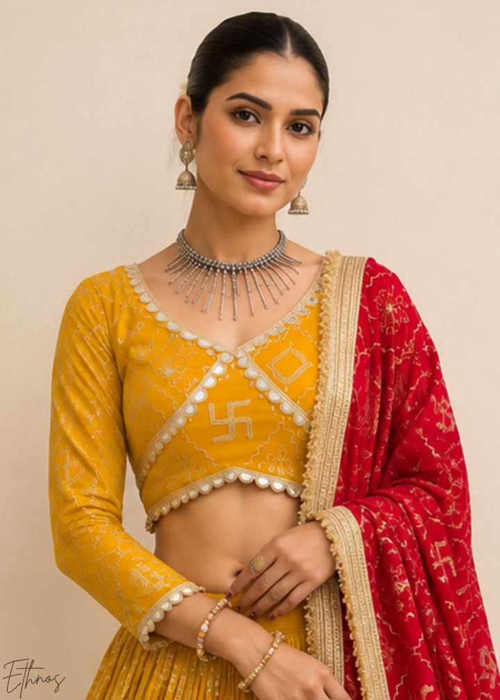 Mustard Yellow Traditional Paneled Border Georgette Lehenga Choli