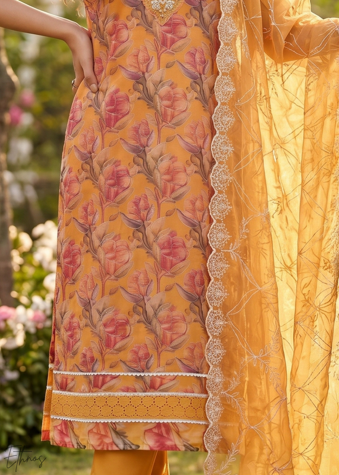 Marigold Orange Vintage-Flora Organza Palazzo Suit