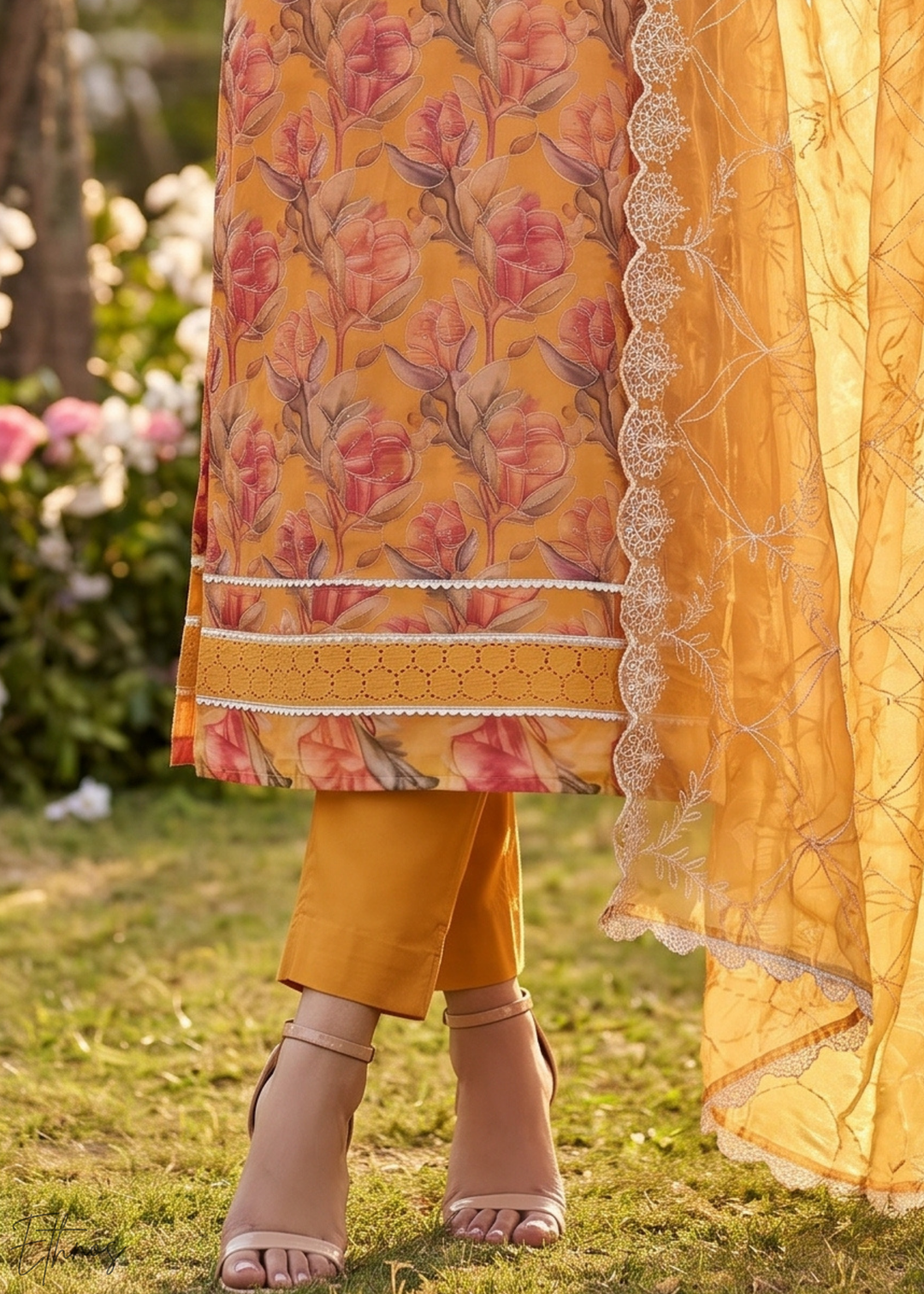 Marigold Orange Vintage-Flora Organza Palazzo Suit