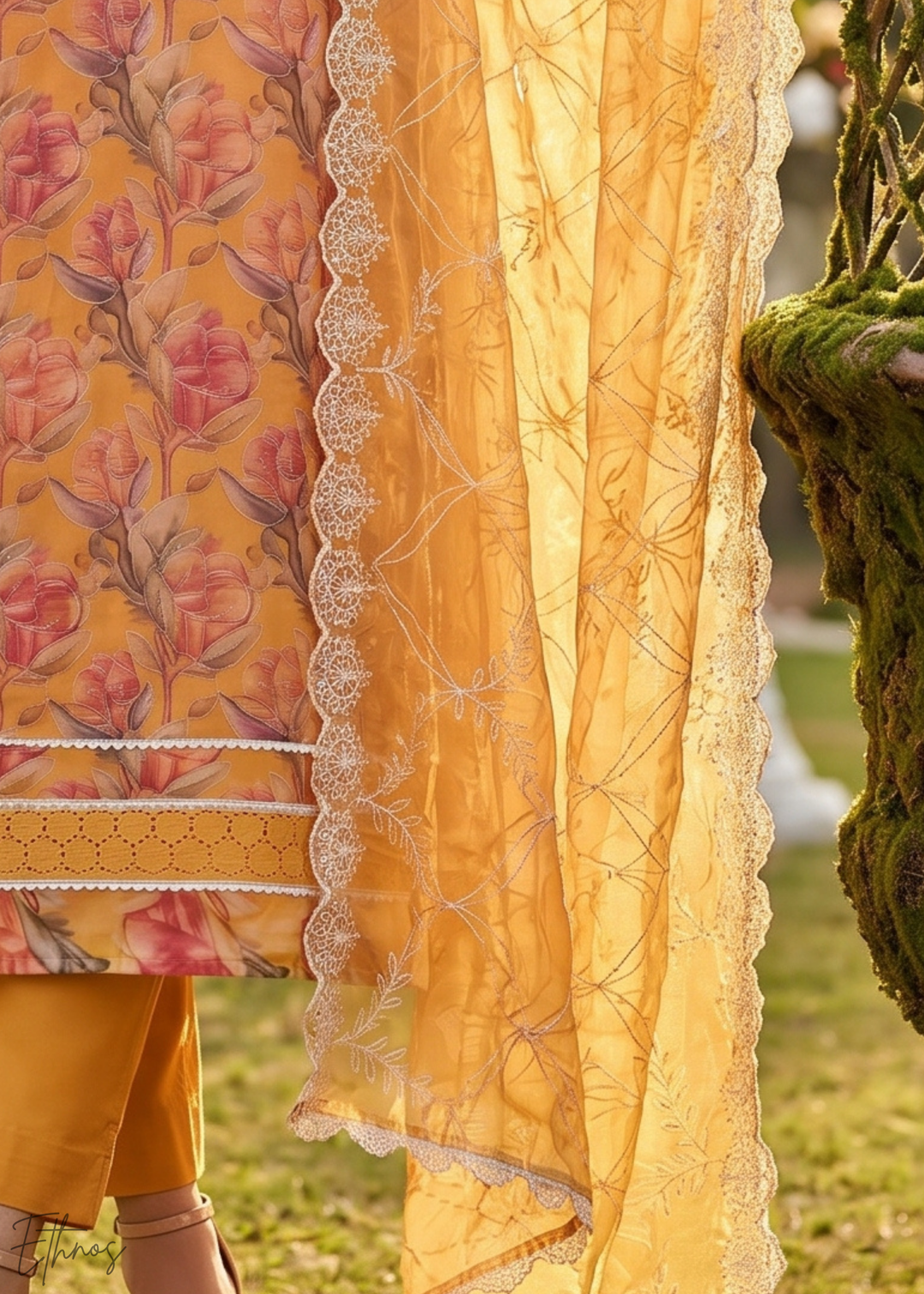 Marigold Orange Vintage-Flora Organza Palazzo Suit