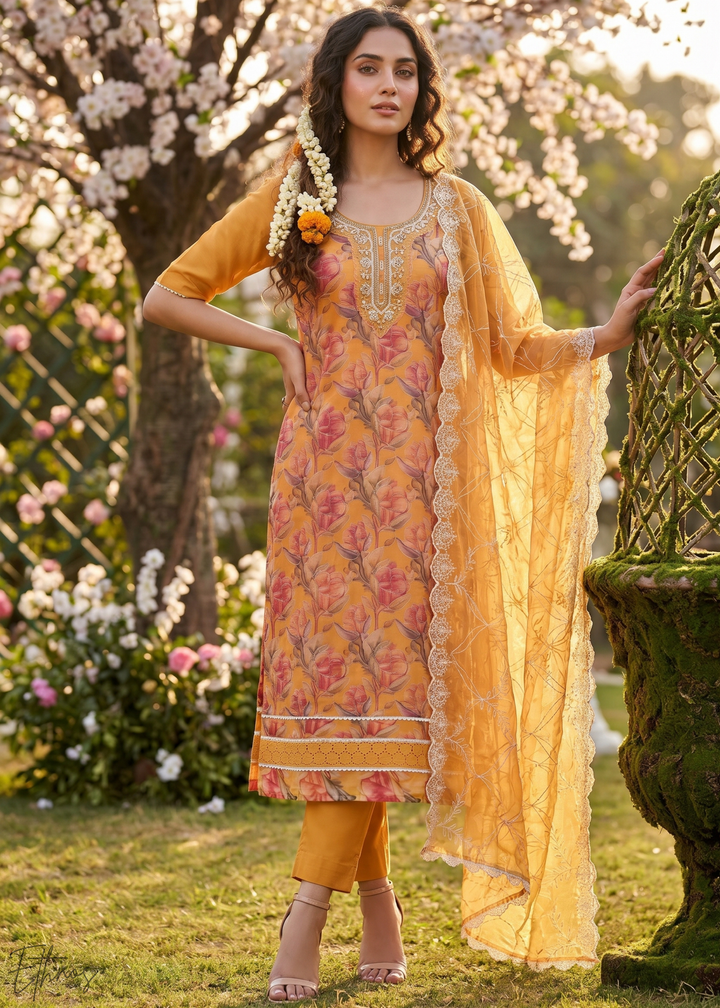 Marigold Orange Vintage-Flora Organza Palazzo Suit