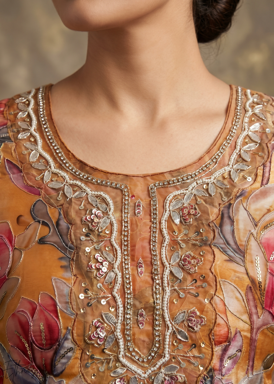 Marigold Orange Vintage-Flora Organza Palazzo Suit
