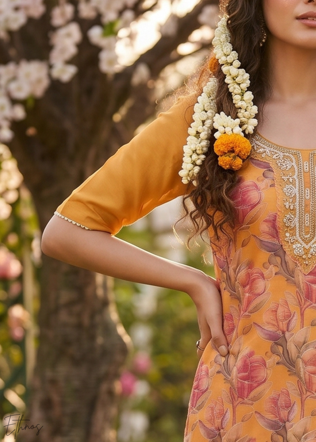 Marigold Orange Vintage-Flora Organza Palazzo Suit