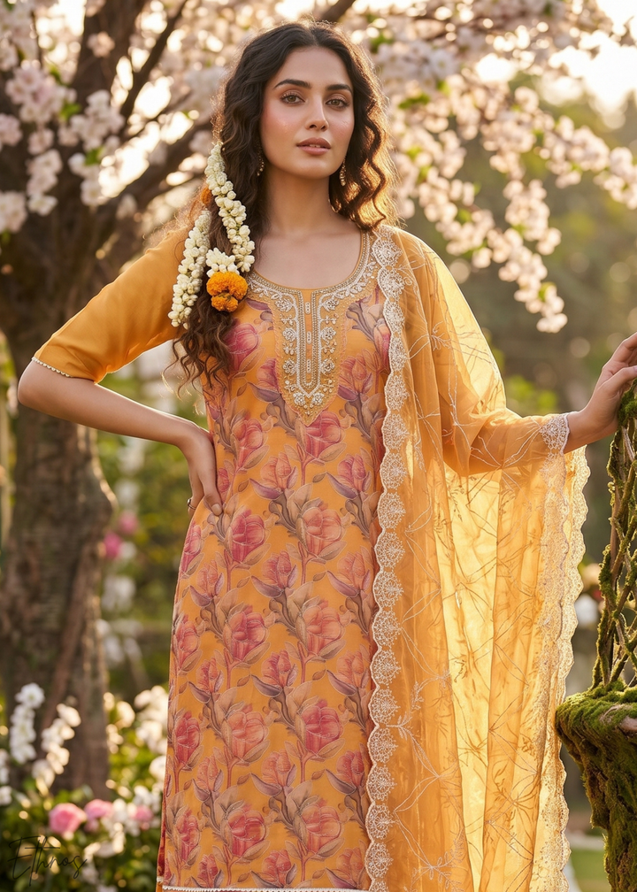 Marigold Orange Vintage-Flora Organza Palazzo Suit