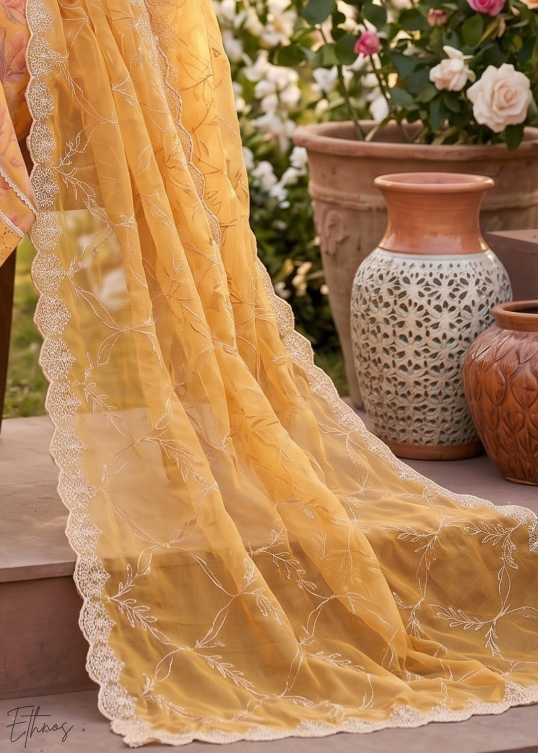Marigold Orange Vintage-Flora Organza Palazzo Suit
