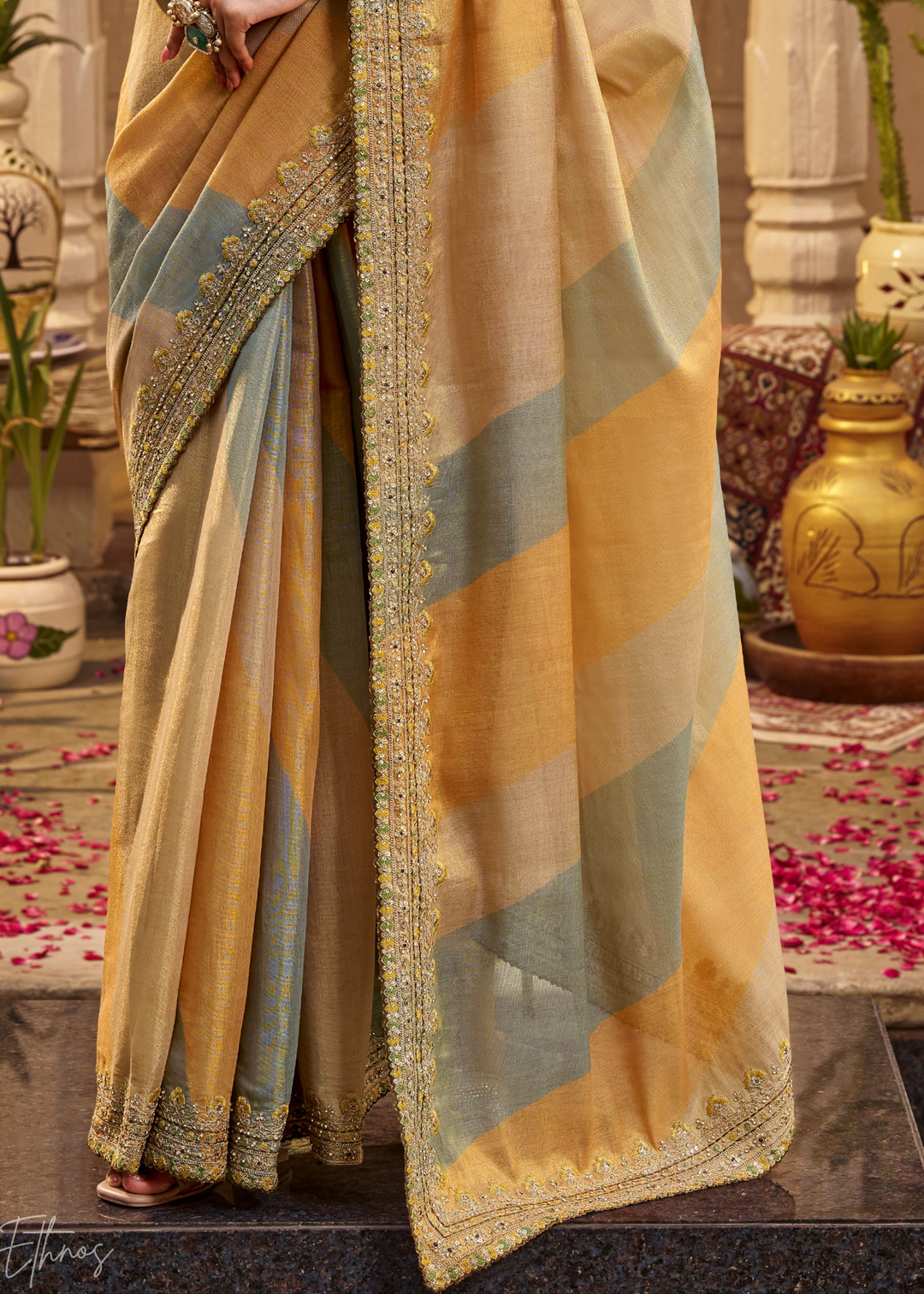 Mustard Yellow Wave Printed Satin Silk Saree