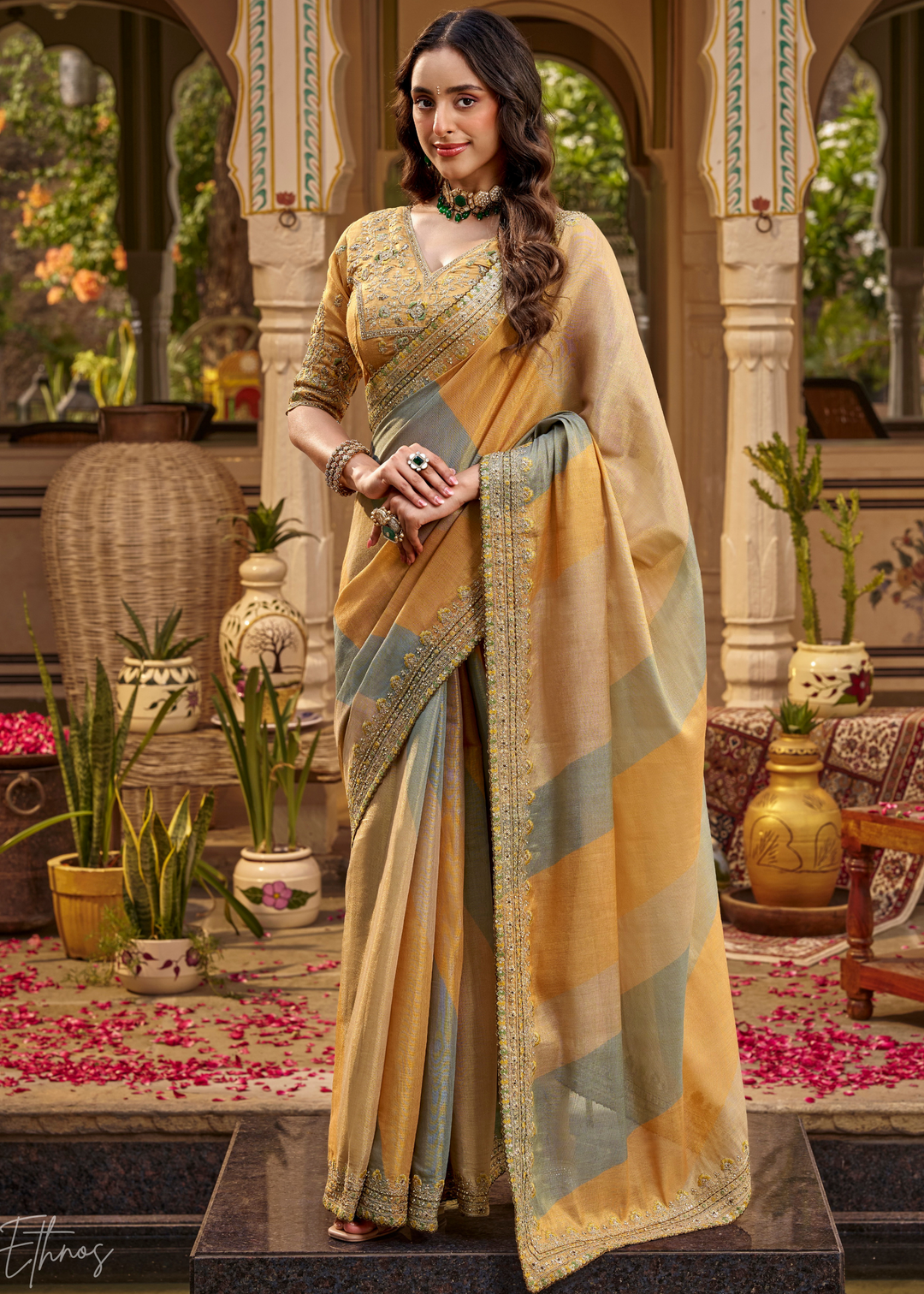 Mustard Yellow Wave Printed Satin Silk Saree