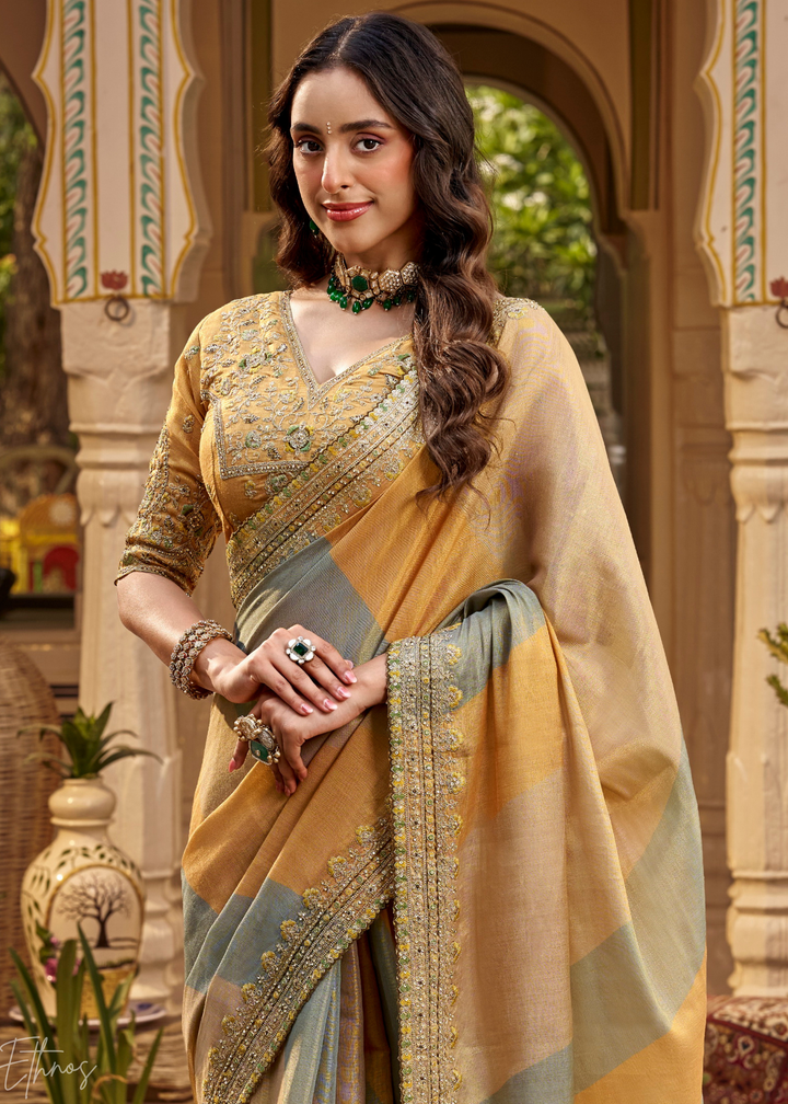 Mustard Yellow Wave Printed Satin Silk Saree