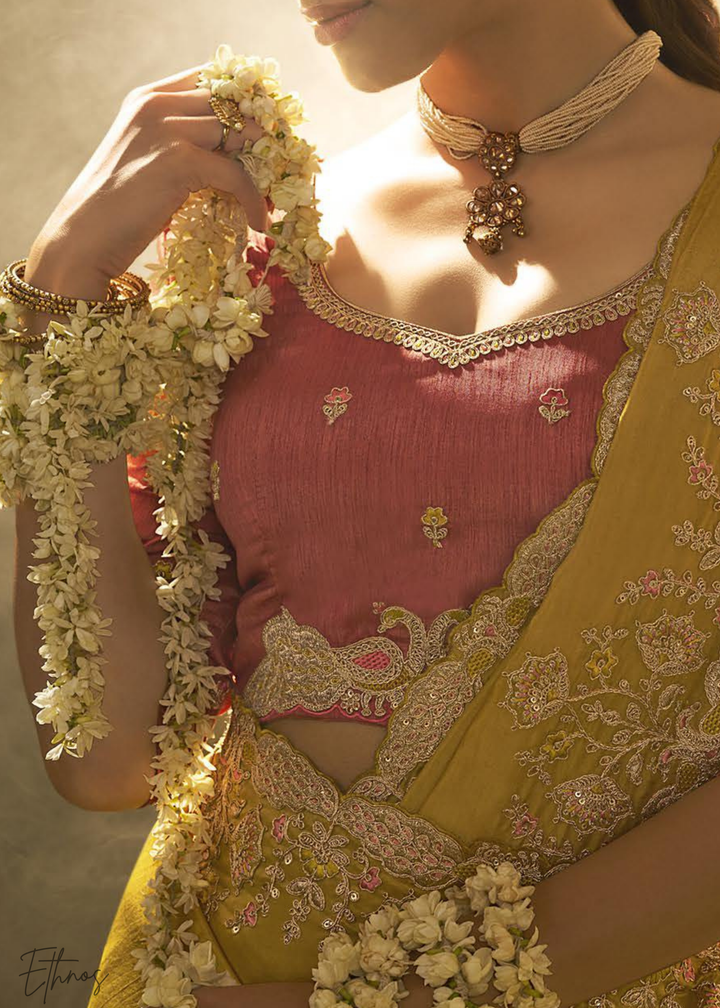 Mustard Amber Woven Scallop Border Upada Silk Saree