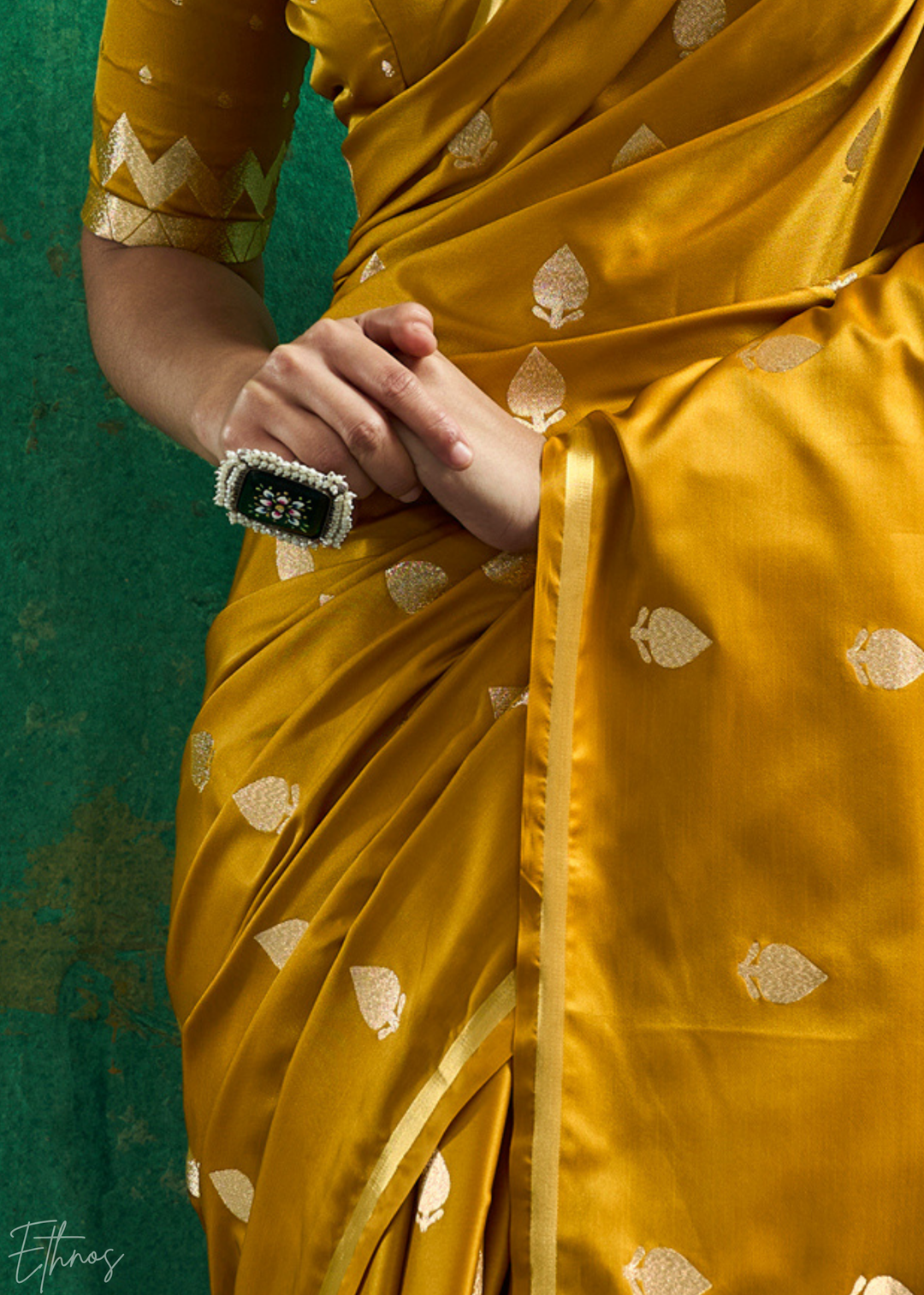 Mustard Gold Leheriya Chevron Satin Saree