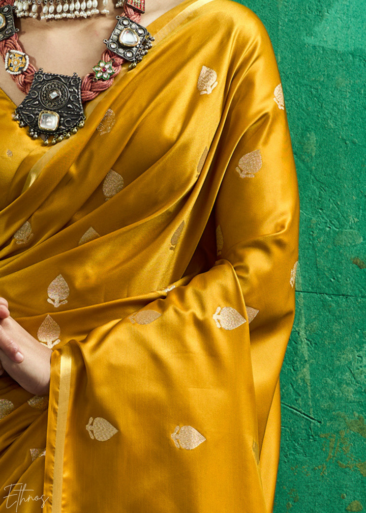 Mustard Gold Leheriya Chevron Satin Saree