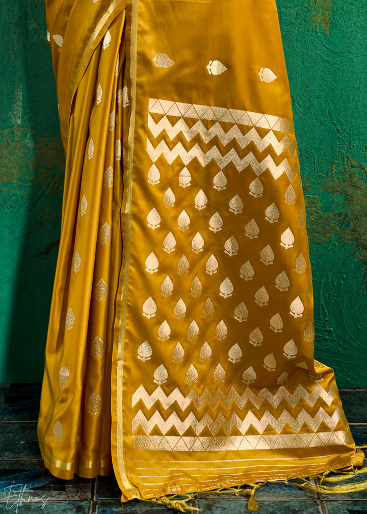 Mustard Gold Leheriya Chevron Satin Saree
