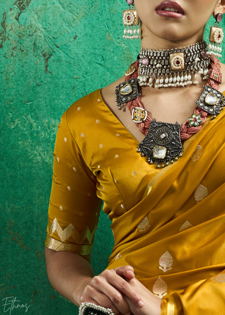 Mustard Gold Leheriya Chevron Satin Saree
