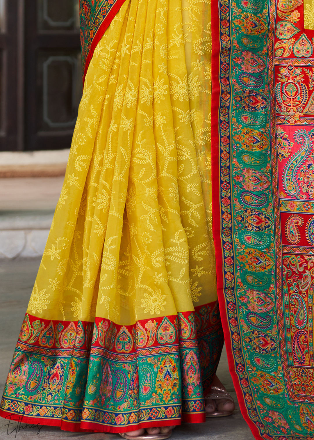 Mustard & Green Pashmina Woven Georgette Saree