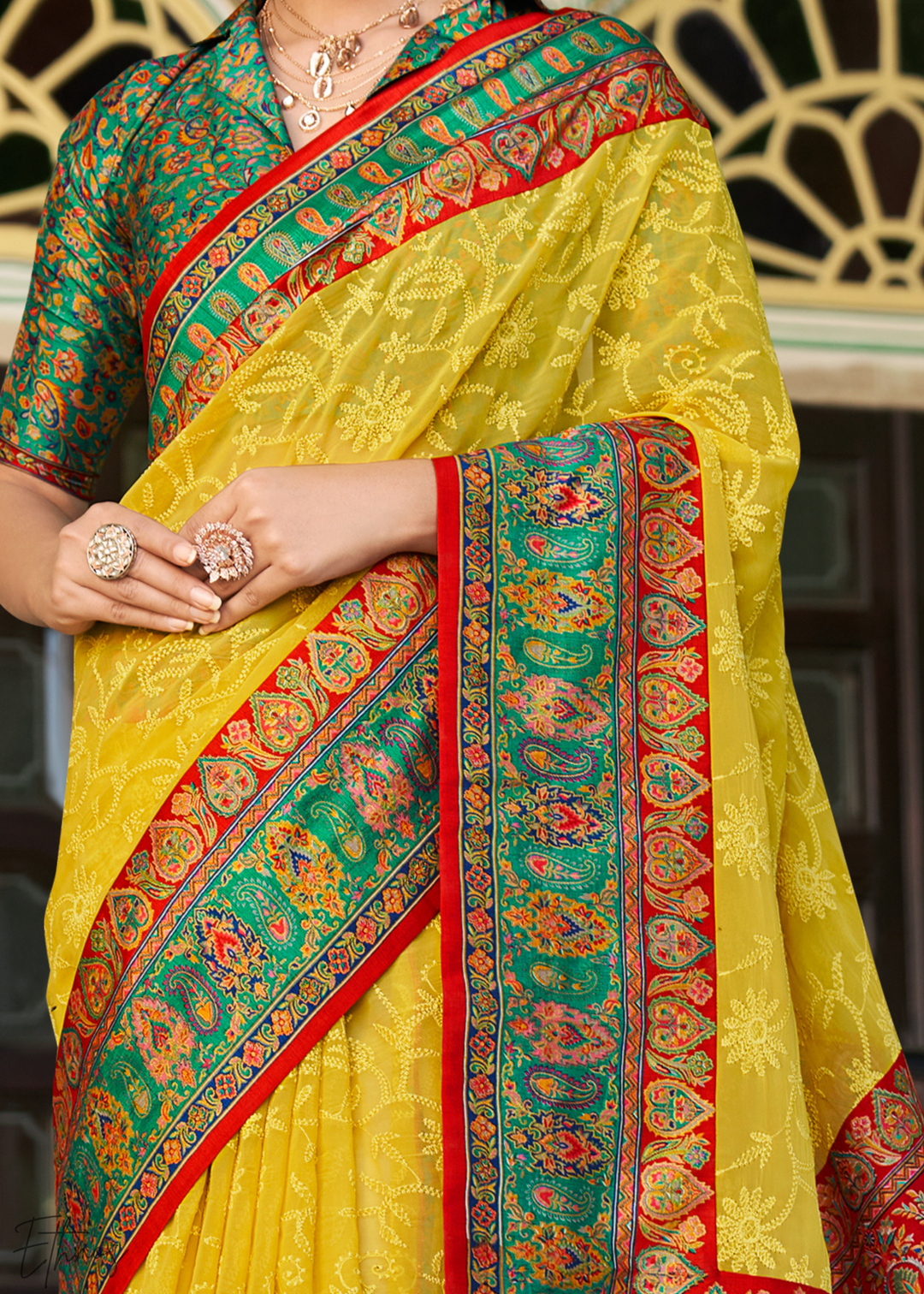 Mustard & Green Pashmina Woven Georgette Saree