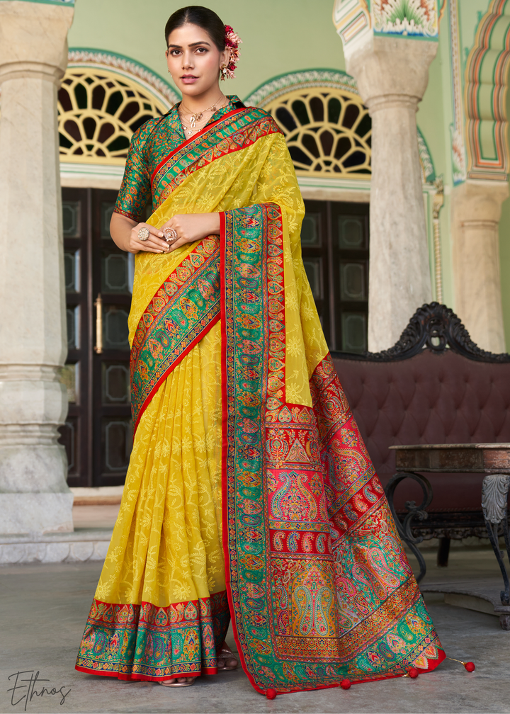 Mustard & Green Pashmina Woven Georgette Saree