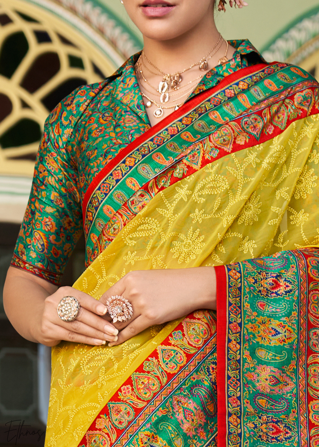 Mustard & Green Pashmina Woven Georgette Saree