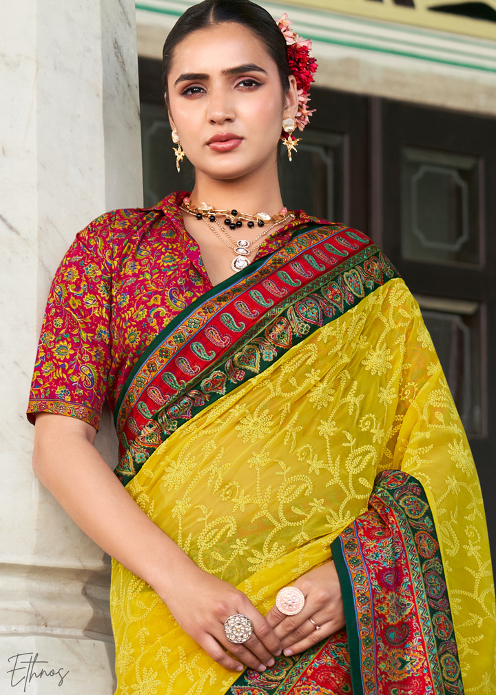Mustard & Red Pashmina Woven Georgette Saree