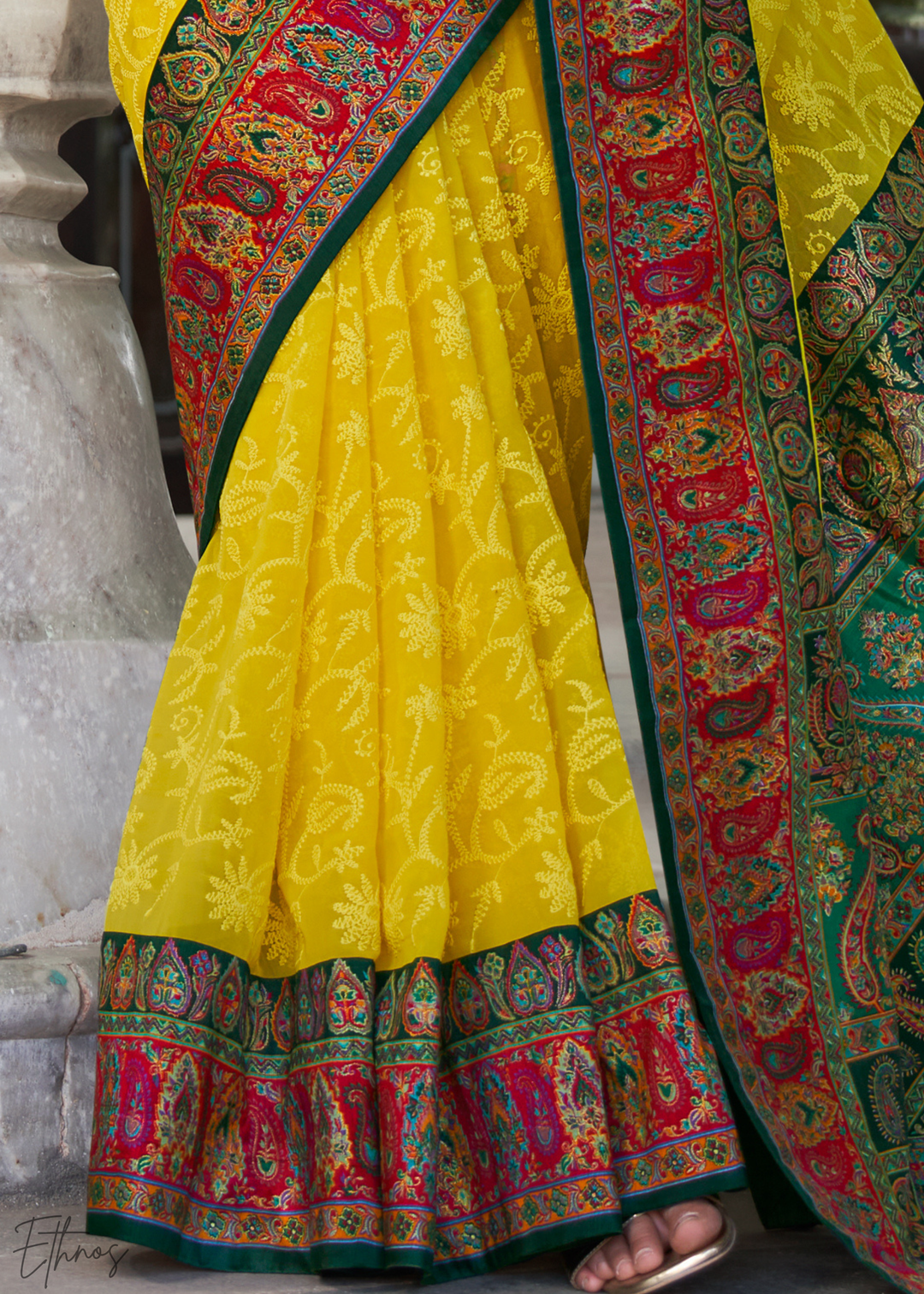 Mustard & Red Pashmina Woven Georgette Saree