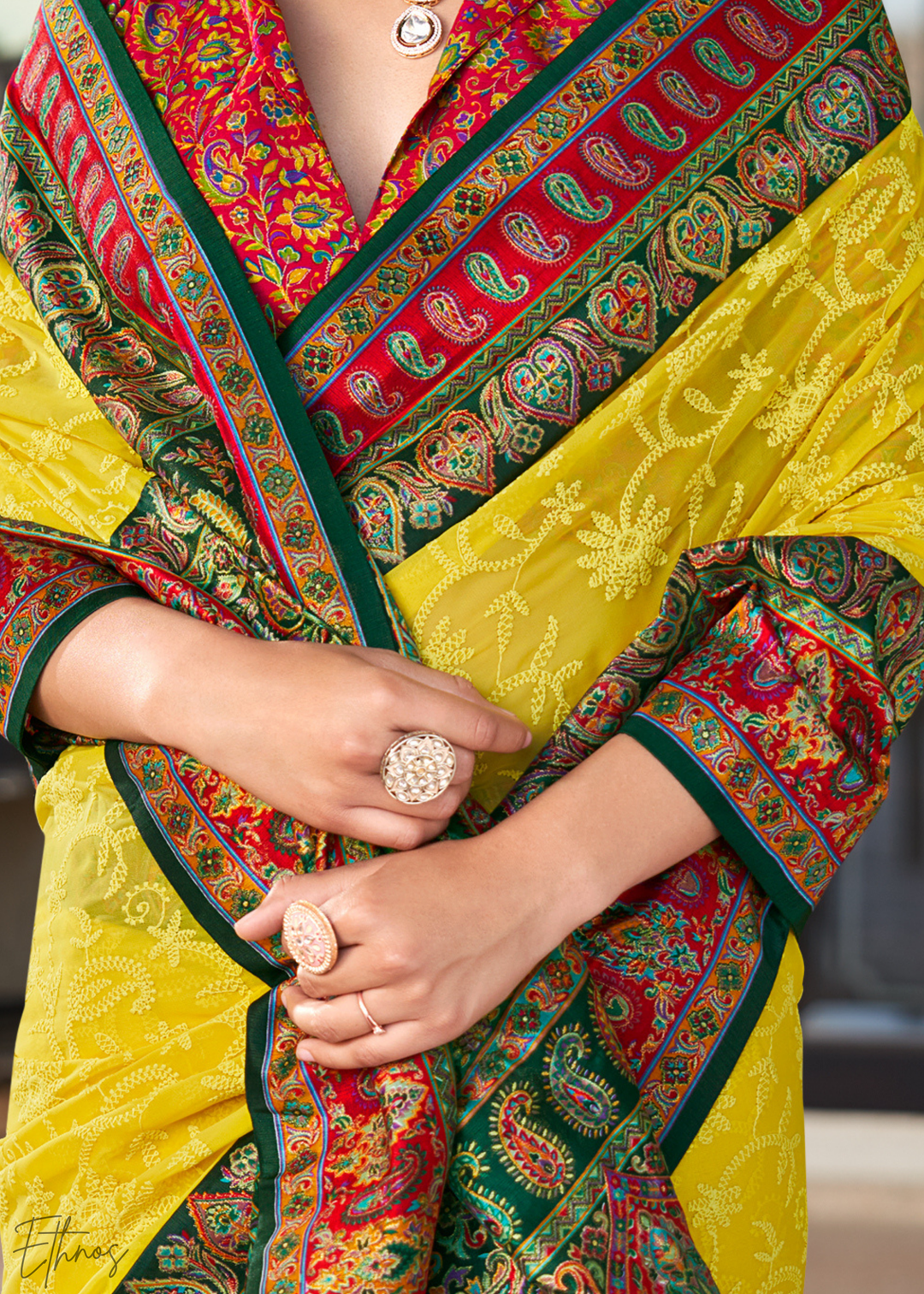 Mustard & Red Pashmina Woven Georgette Saree