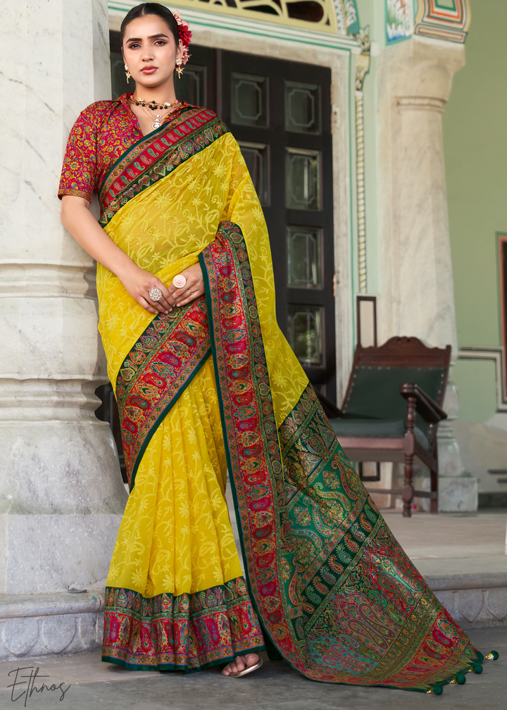Mustard & Red Pashmina Woven Georgette Saree