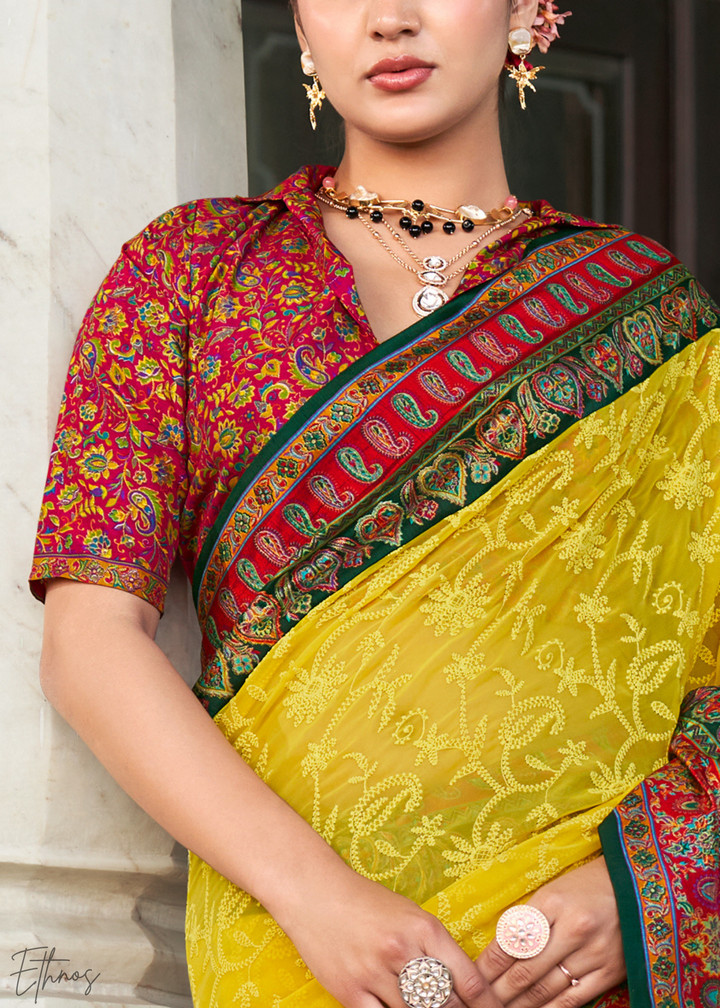 Mustard & Red Pashmina Woven Georgette Saree