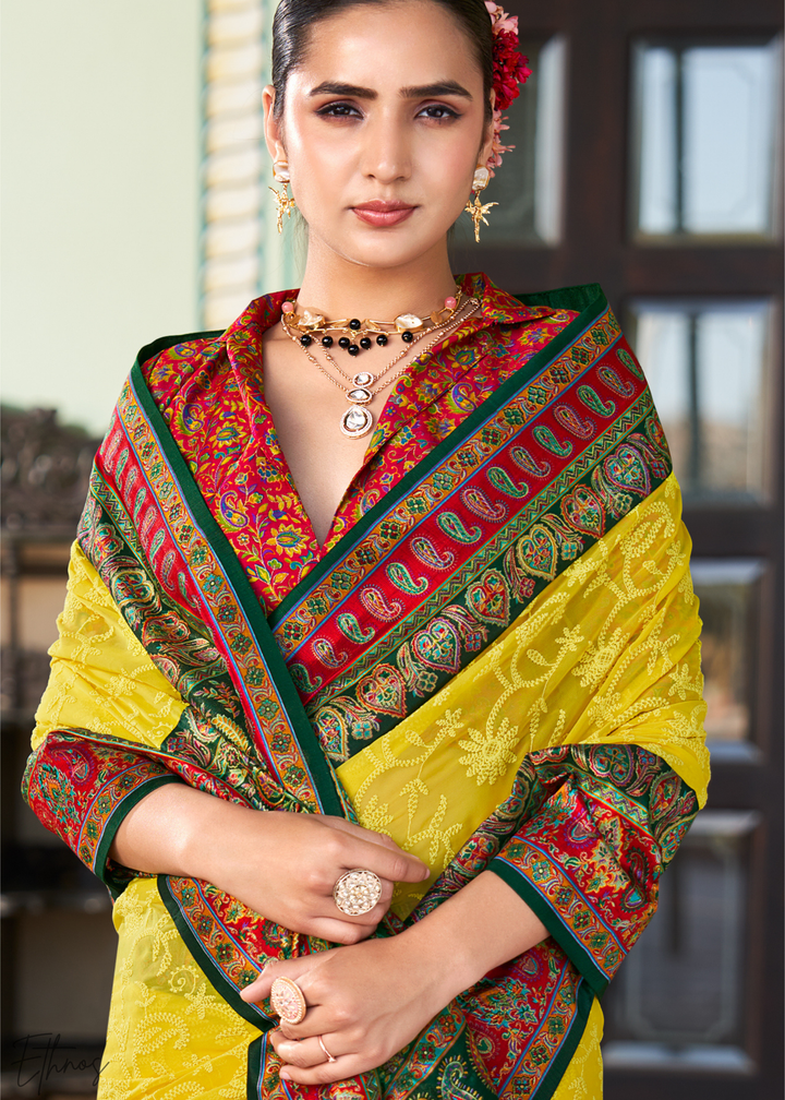 Mustard & Red Pashmina Woven Georgette Saree