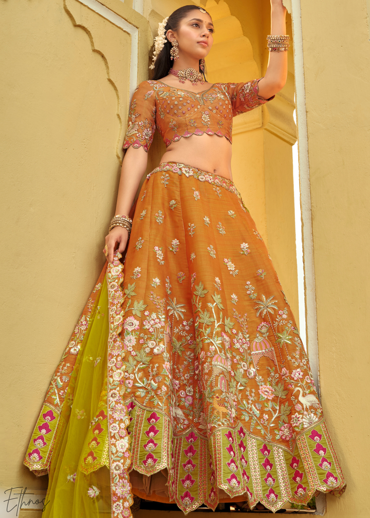 Sunkissed Orange Embroidered Silk Lehenga
