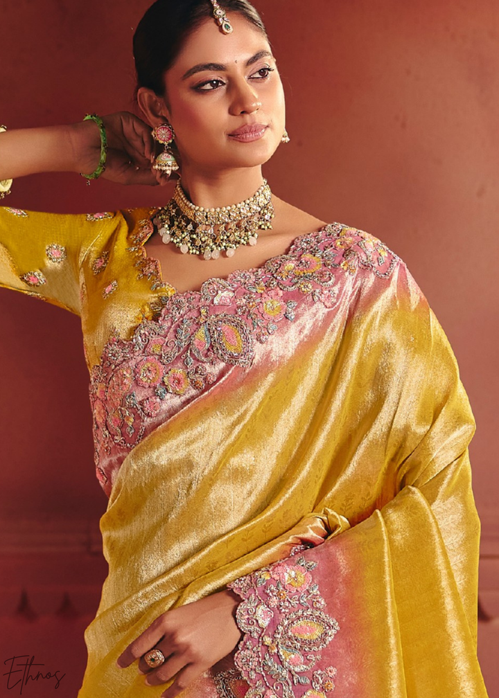 Mustard Yellow Floral Resham Silk Saree