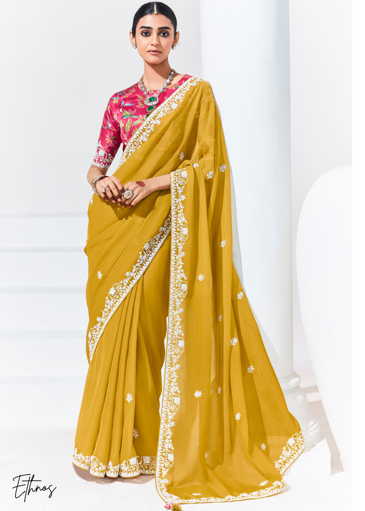 Mustard Yellow Glass Tissue Organza Saree