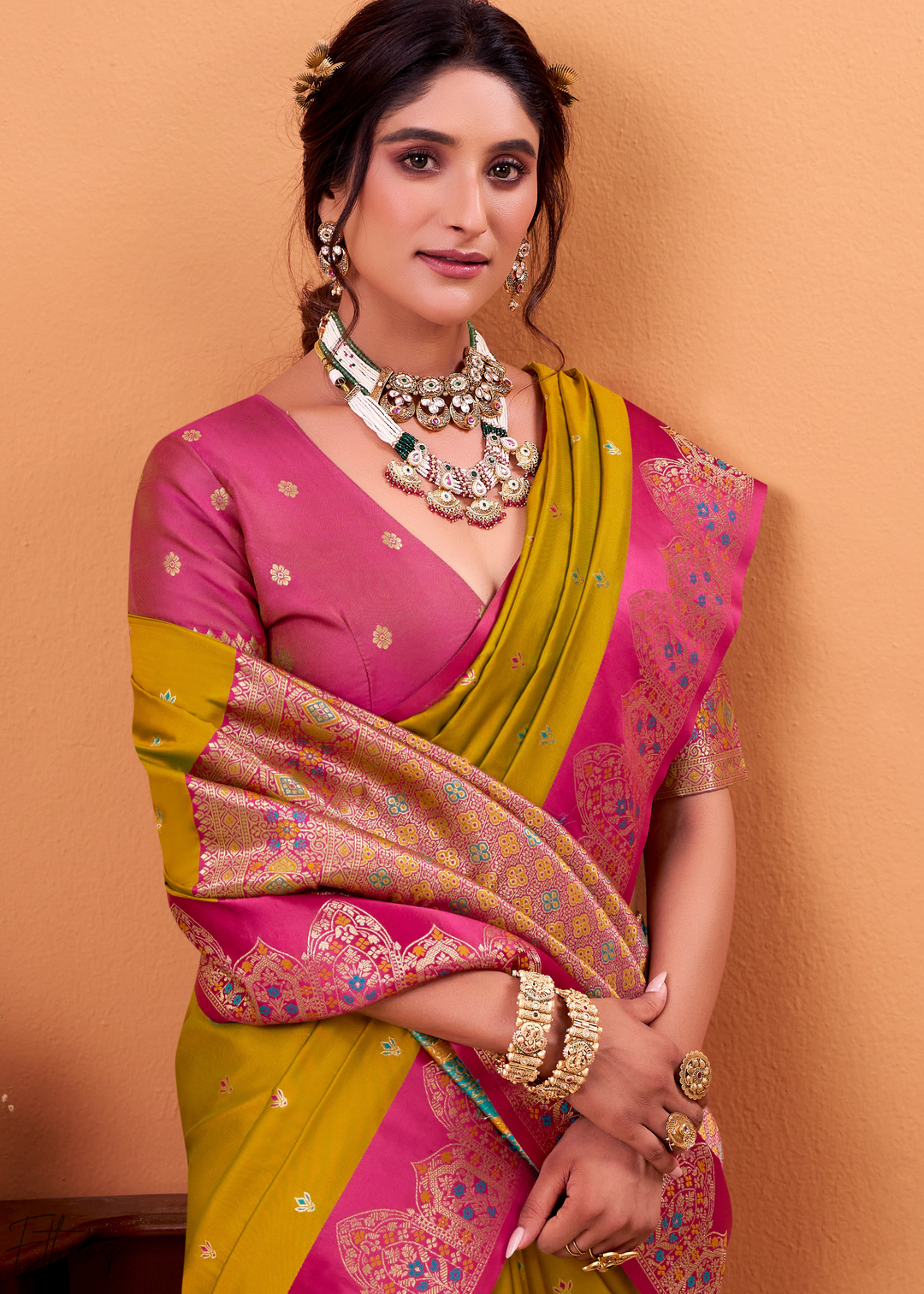 Mustard Yellow Satin Silk Saree