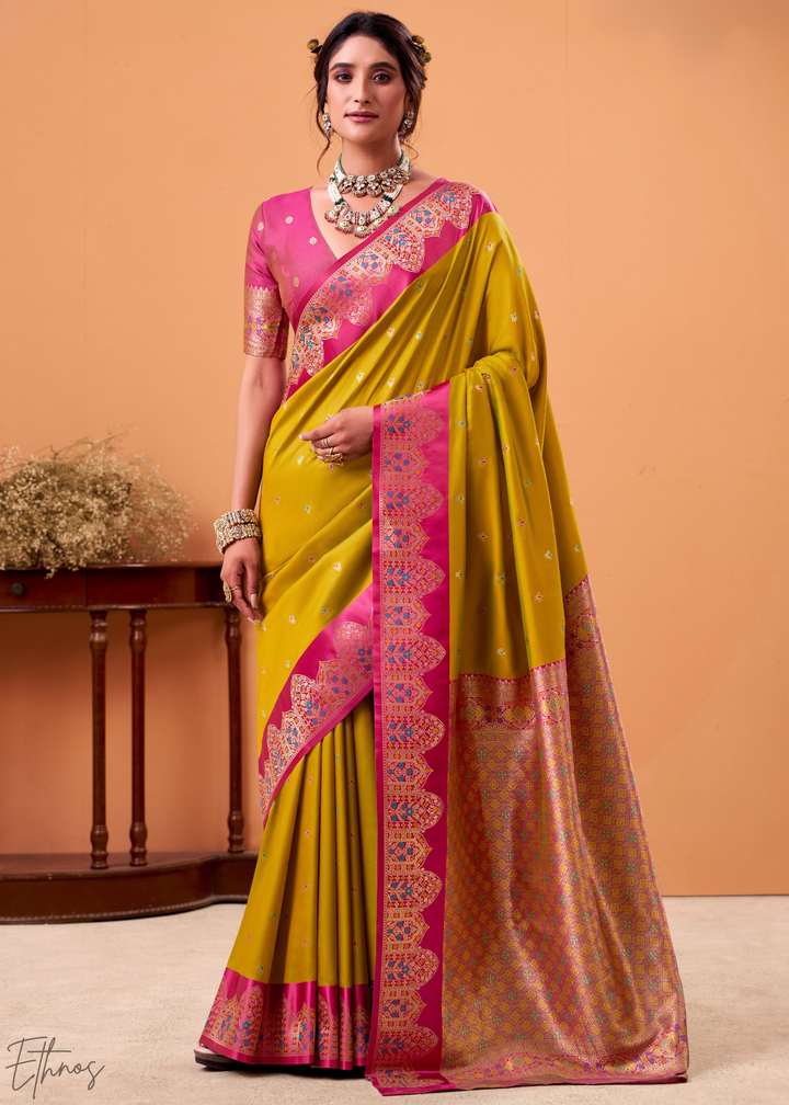 Mustard Yellow Satin Silk Saree