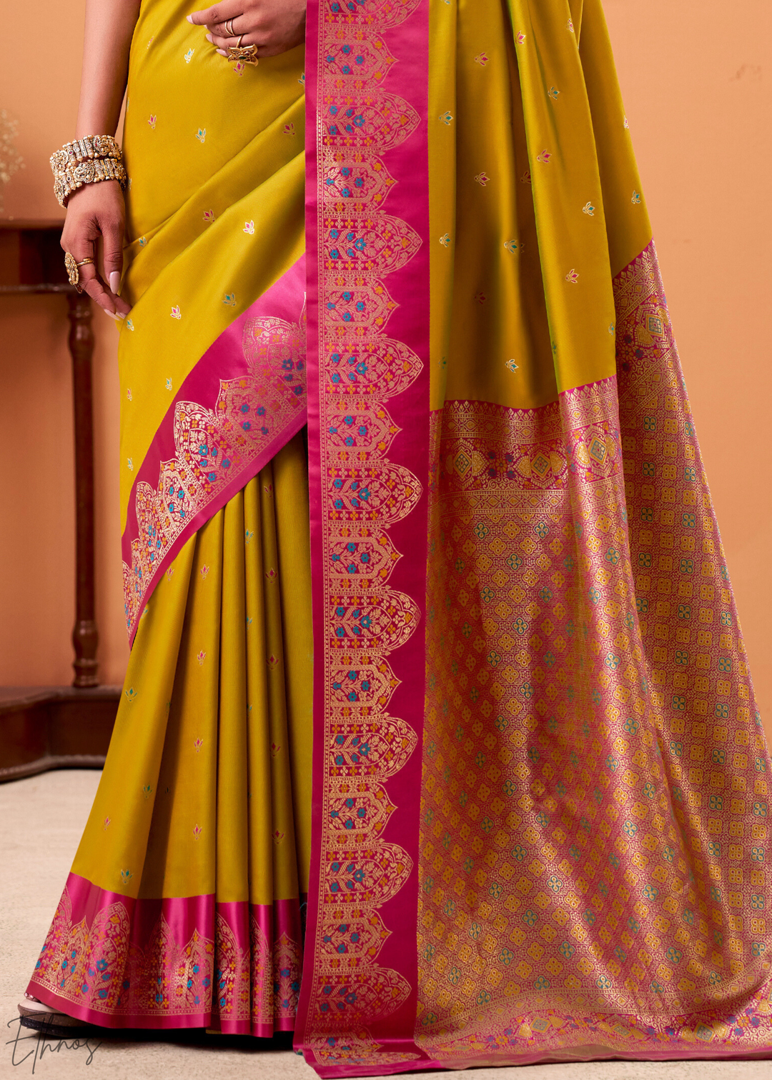 Mustard Yellow Satin Silk Saree