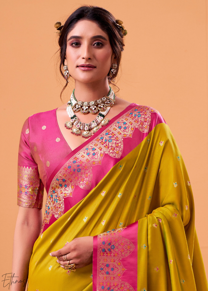 Mustard Yellow Satin Silk Saree