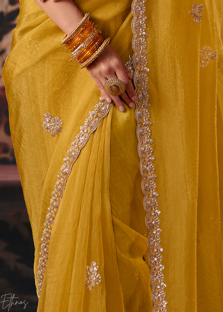 Mustard Yellow Scallop Embroidered Border Organza Saree