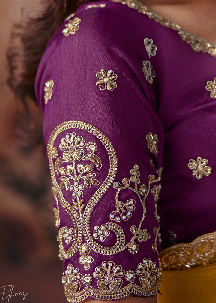 Mustard Yellow Scallop Embroidered Border Organza Saree