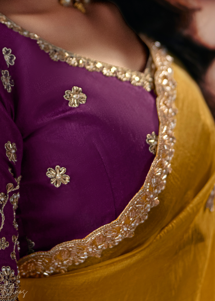 Mustard Yellow Scallop Embroidered Border Organza Saree