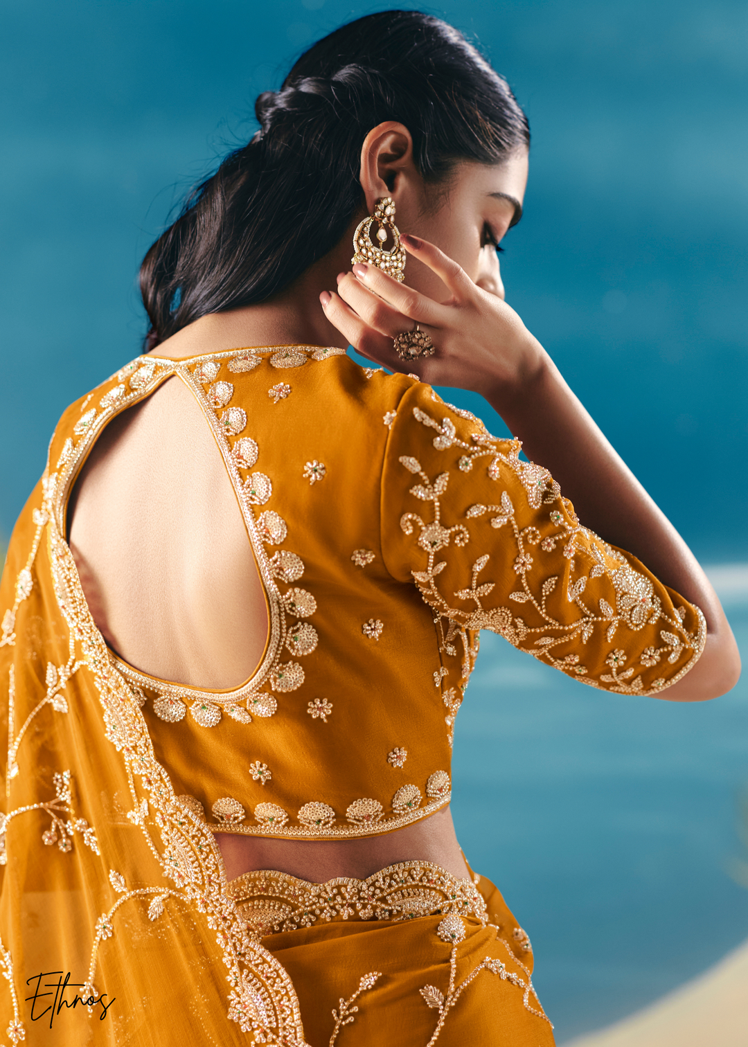 Mustard Sequins Organza Saree