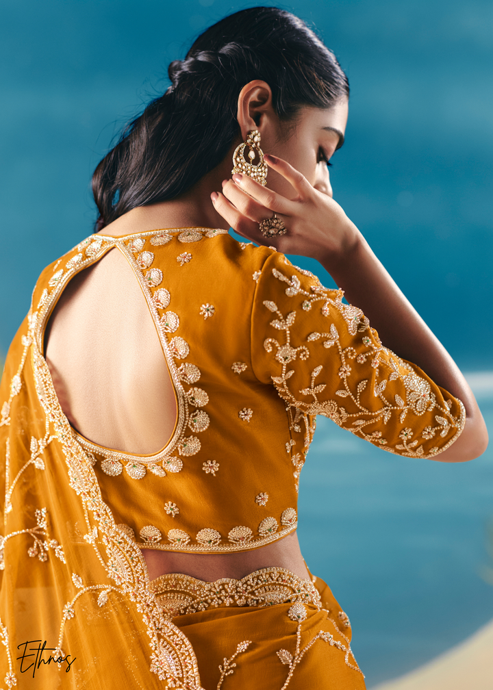 Mustard Sequins Organza Saree
