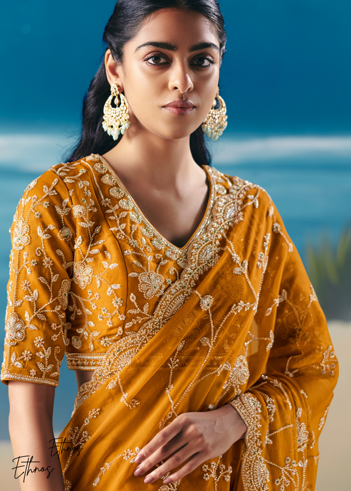 Mustard Sequins Organza Saree