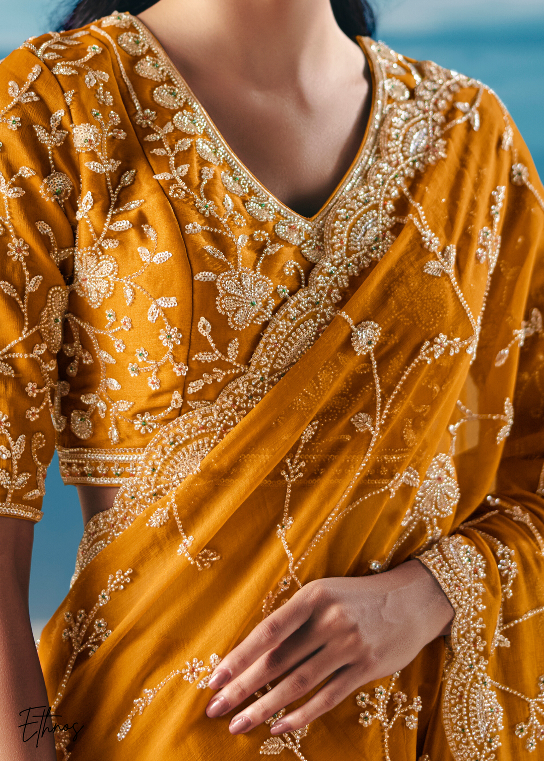 Mustard Sequins Organza Saree