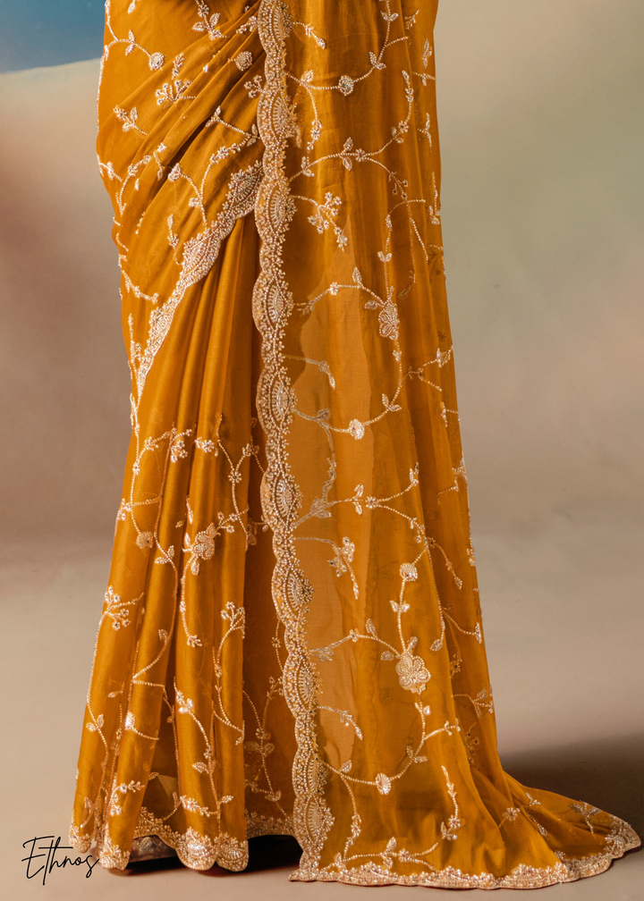 Mustard Sequins Organza Saree