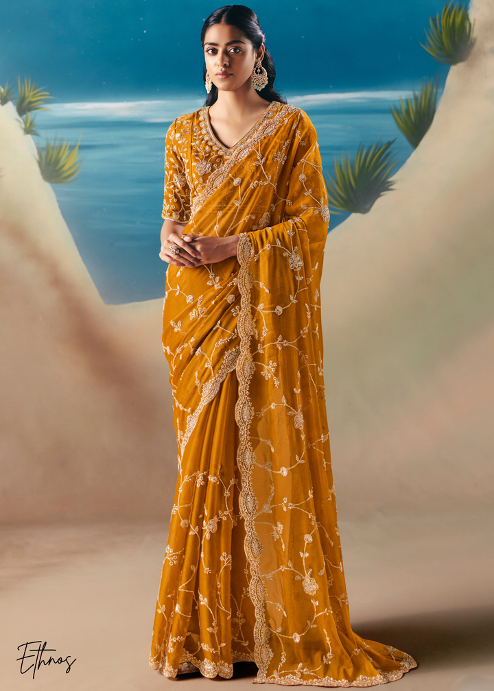 Mustard Sequins Organza Saree