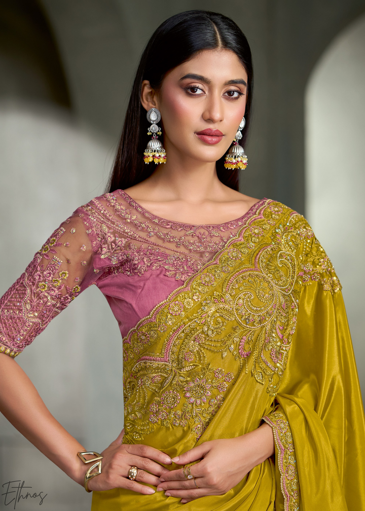 Mustard Yellow Swirl Floral Embroidered Crepe Silk Saree