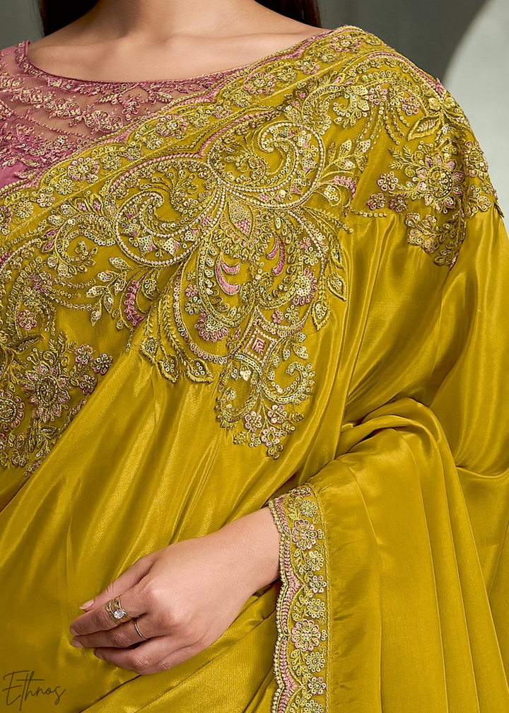 Mustard Yellow Swirl Floral Embroidered Crepe Silk Saree